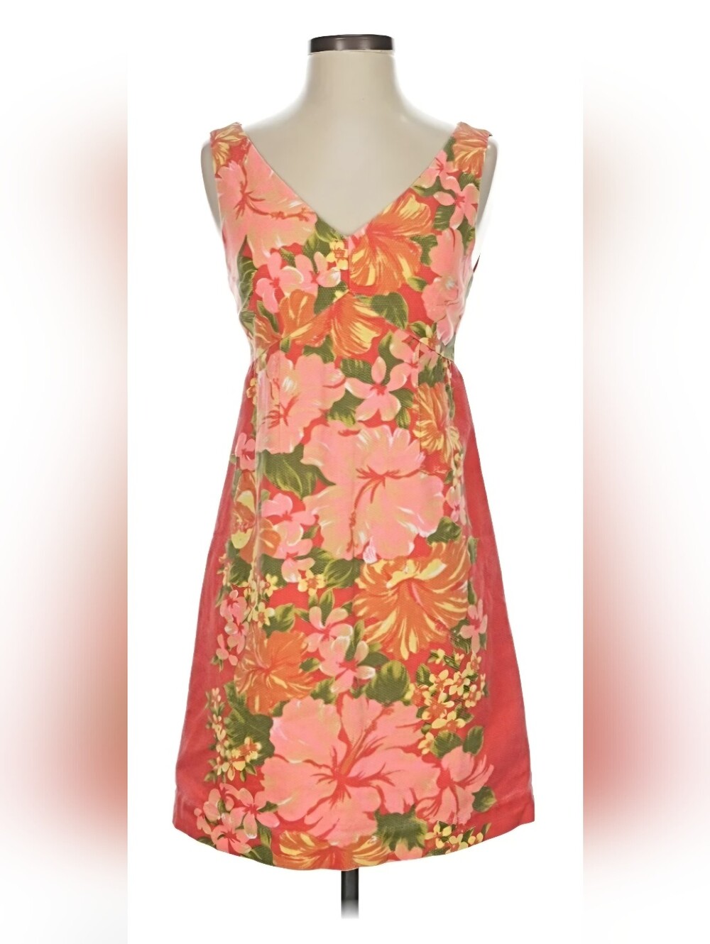Tracy Feith Pink Coral Floral V‑Neck Mini Dress with Green and Gold Accents